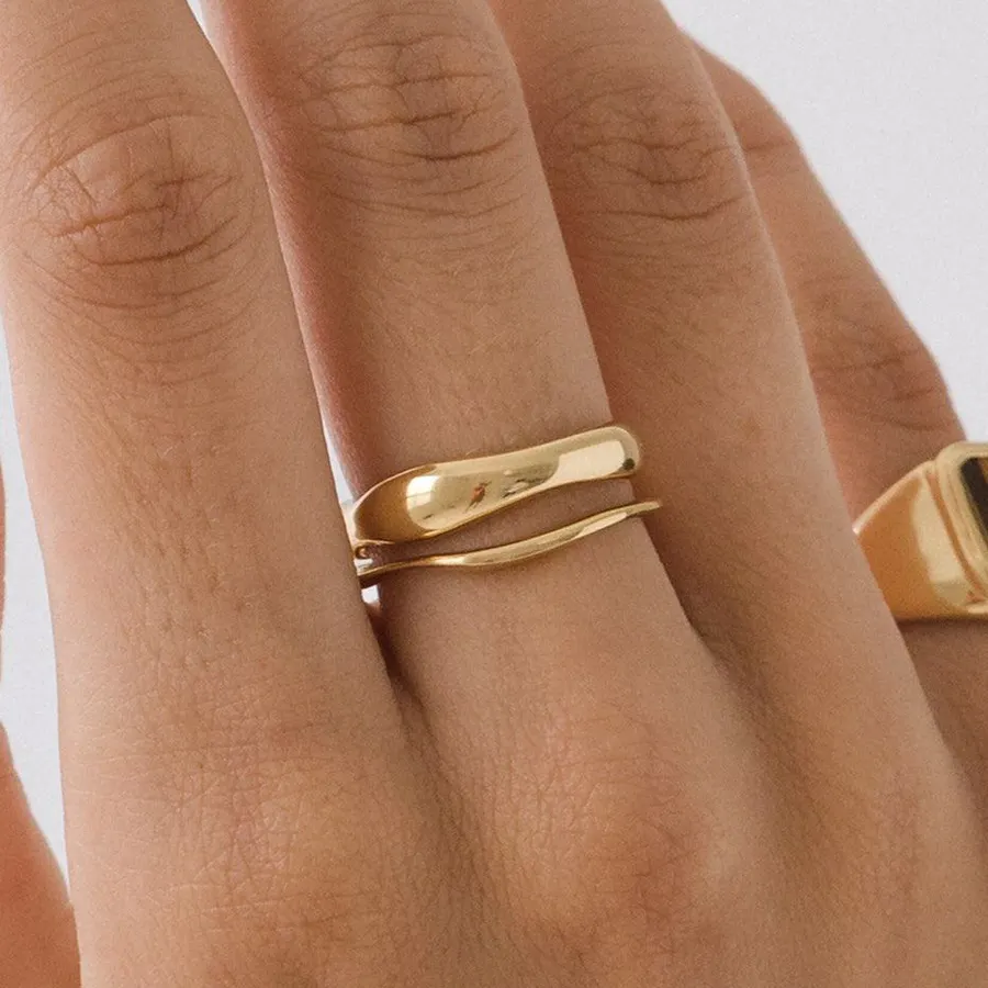 Dainty 18K Gold Plated Stainless Steel Waves Rings Set For Couple Statement Stacking Ring Minimalist Jewelry