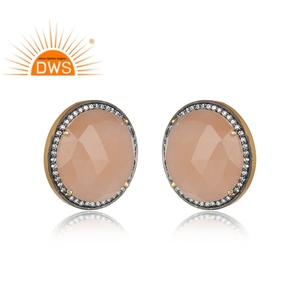 Trendy 18k Gold Plated 925 <b>Silver</b> Round <b>Stud</b> <b>Earrings</b> Zircon Rose Chalcedony <b>Set</b> <b>Earrings</b> Jewelry Manufacturer - Product Image 2