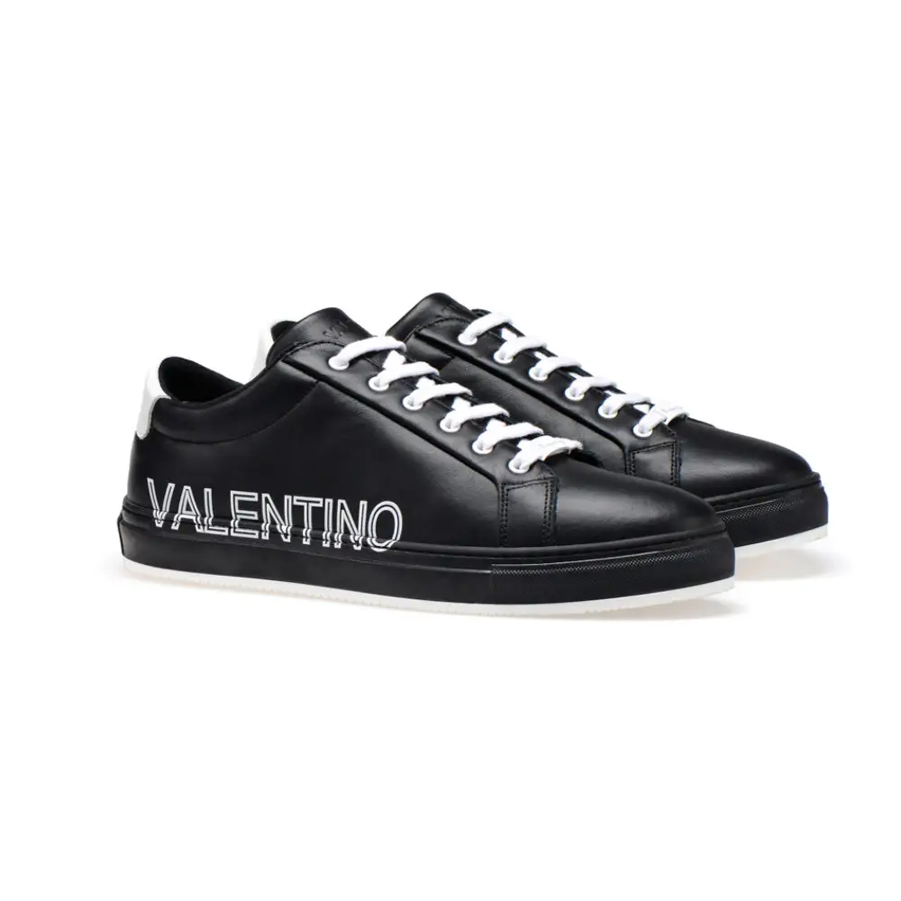 Original Valentino Shoes Smooth Black Leather Luxury Brand Men Sneakers With Bicolor Sole and VALENTINO Printed Logo