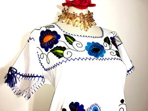 <b>White</b> Boho Maxi <b>Dress</b> Hand Embroidered <b>Organza</b> Peacock Floral Pattern Short Sleeve Square Neck Loose Fit Breathable Casual - Product Image 2