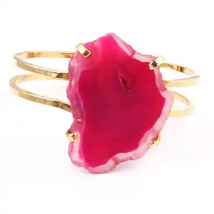 Rojo Natural Geode Slice ágata chapado en oro amarillo ajustable brazaletes de la pulsera para las mujeres