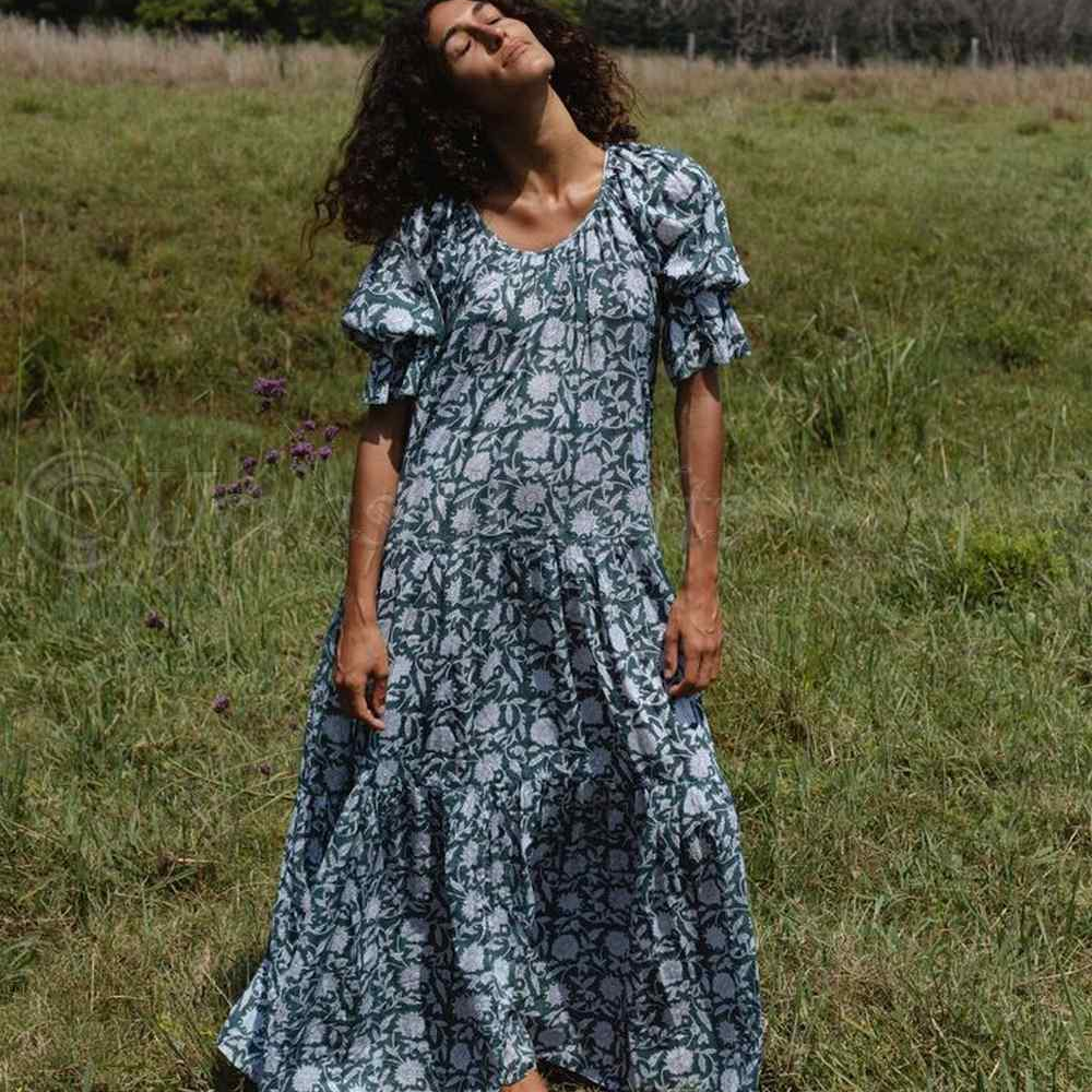 Indian 100% Pure Cotton Dress - Short Puff Sleeves Maxi Indian 100% Pure Cotton Dress - Short Puff Sleeves Maxi