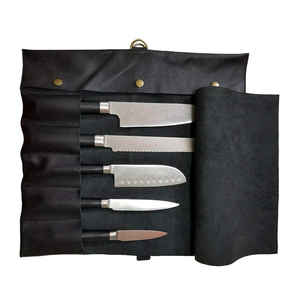 Leather Kitchen <b>tool</b> <b>Roll</b> With 5 Pockets Nylon Lining Button Closure <b>Tool</b> Bag For Chef kitchen <b>tool</b> Storage - Product Image 3