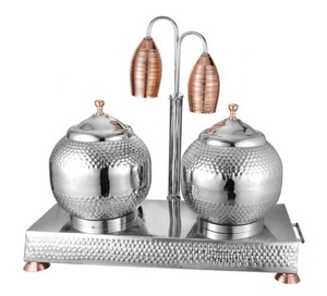 Silver Hammered Metal <b>Chafing</b> <b>Dish</b> <b>Set</b> with Copper Accents Circular Design Warming Equipment - Product Image 1