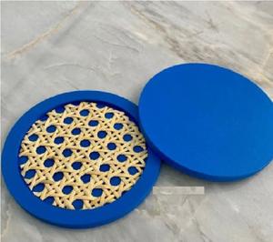Set of 6 Natural Rattan Teacup Coasters in <b>Blue</b> Trending Design for Kitchenware Tabletop Use - Product Image 4
