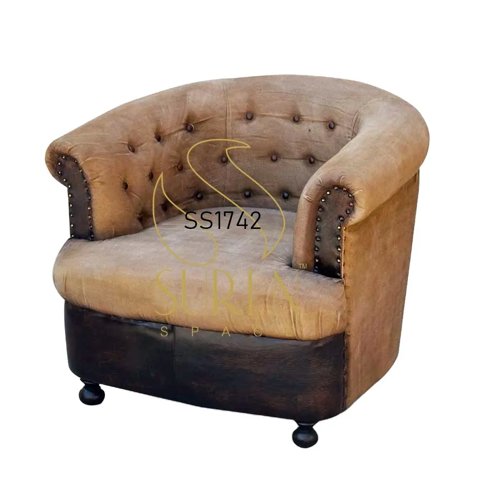 Soggiorno mobili di ottima qualità Design unico artigianale mezza rotonda tela monoposto divano in pelle indiana