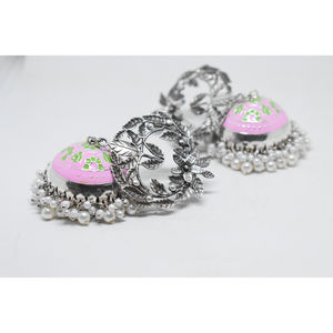 wholesale <b>fashion</b> <b>jewellery</b> 2022 meenakari silver look alike brass flower stud jhumka hoop earing for girls and women - Product Image 2