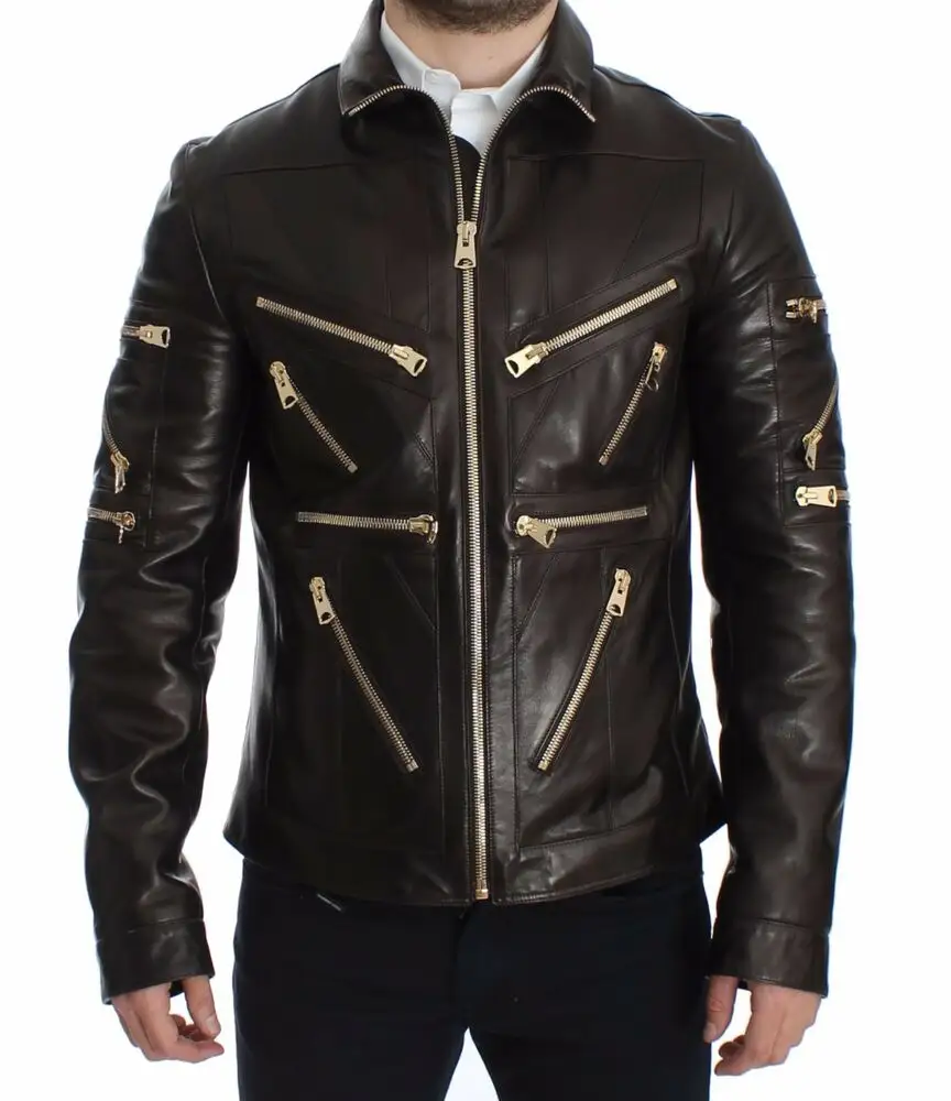 High quality Brown Lambskin Leather Zipper Style Jacket For Men