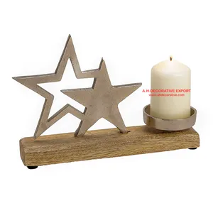 Unique Tea Light Mango Wood Candle Holder on Wooden Base for Table decoration Metal Star Handmade T Light Candle Holder on Base