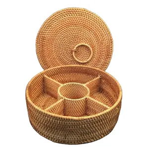 Autumn Rattan Hand-Woven Fruit Dried Plate Storage Basket Divided Candy Snack Separated Tray Bowl