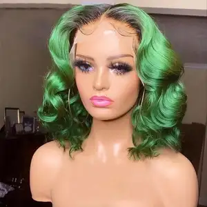 Goodluck green color short bob wig with bangs for black women brazilian virgin remy straight human hair fringe bob style cut wig