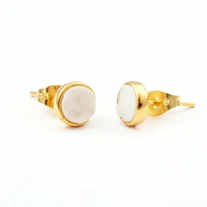 Round White Agate Druzy Round Stud Earring Round Cut Stone Earring Gold Plated Statements Push Back Stud Jewelry gifts, E-034