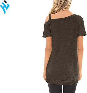 Camisetas de alta calidad para mujer, blusas informales de manga corta con hombros descubiertos, Top tipo túnica con botón lateral, venta al por mayor - Product Image 2