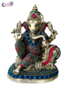 Artesanía Nirmala, Estatua de Latón del Dios Ganesha, Acabado en Piedra, Accesorios Religiosos para Pooja, Adorno para Mesa de Templo o Escritorio, Rajasthan - Product Image 2