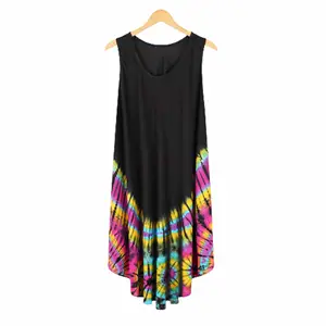 수제 히피 BOHO 하와이 여름 롱 드레스 블랙 컬러 타이 염료 민소매 캐주얼 드레스