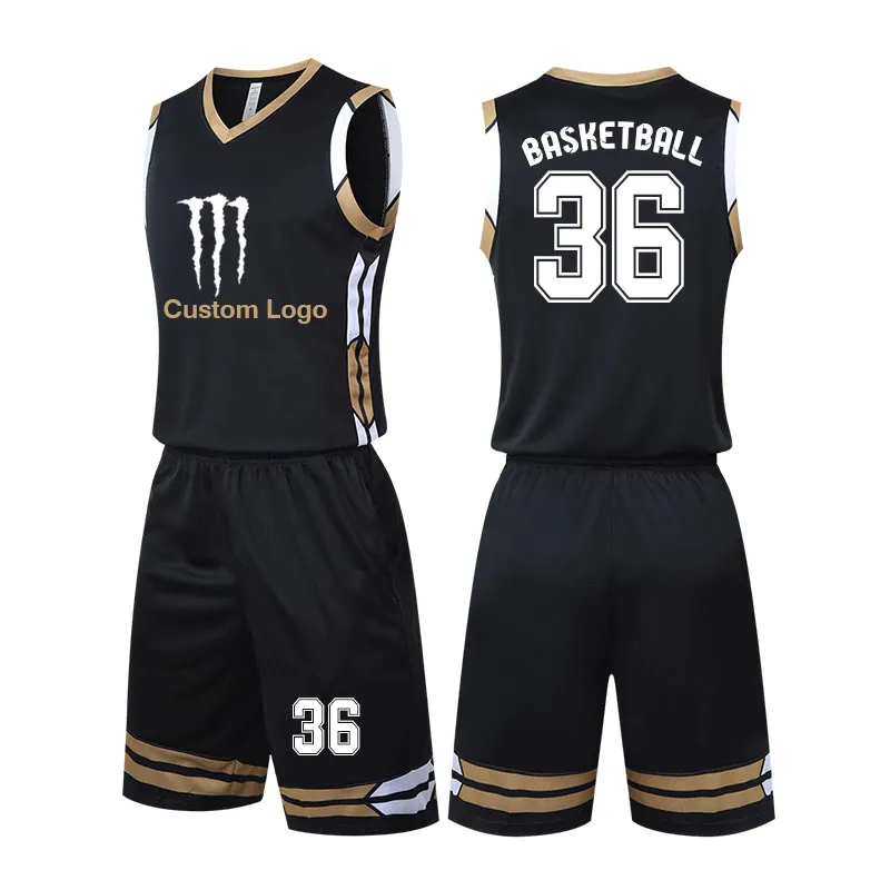 Black Color Men College Basketball Jerseys Sets Kits Sports Clothing Breathable Training Basketball Uniforms Set