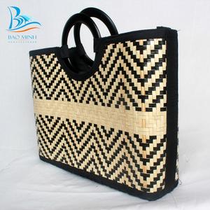 Bolso de Mano Vintage Tejido de Bambú con Asas Redondas de Plástico y Lino - Product Image 2