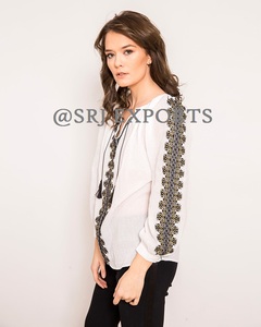 Women's <b>White</b> Linen Bohemian Blouse Embroidery Tassel V-Neck <b>Balloon</b> Sleeve Loose Fit Eco-Friendly Rajasthan Spring Summer Top - Product Image 2