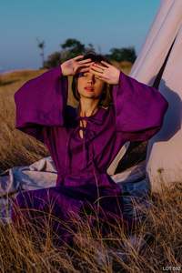 Jolie robe en crêpe à manches longues, col en v sans poches, de style Boho, Kaftan, tunique en lin de grande taille, de couleur violette, nouveauté - Product Image 3