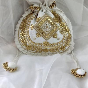 Sac rond en velours blanc, accessoire de travail, avec belle ucat doré, broderie ZARI élégante, pour fête et mariage, @ 2022 - Product Image 1