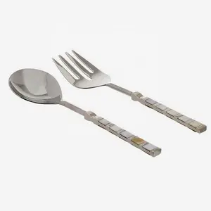 brushed Stainless Steel serving utensil set edging trim with Square MOP Handle Salad Serving Set food serving set