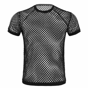 100% Cotton Wholesale Printing Mens Mesh Fishnet String T-shirt See Through Sports Gym Training Muscle Vest tank Top Shirt