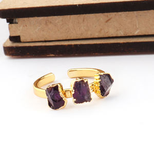 Bague unisexe style bohème exquise trois pierres améthyste violette naturelle galvanoplastie brute réglable pour les mariages et les fêtes - Product Image 2
