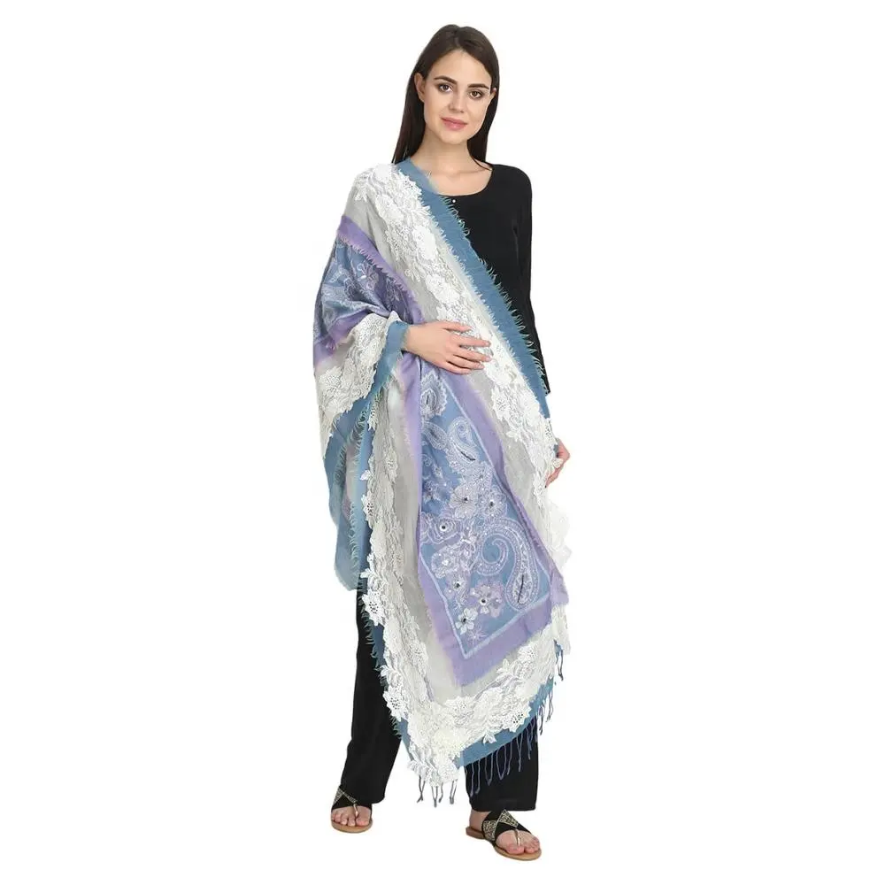 Designer MULTIPLECOLORED LILAC VIOLET - SAPPHIRE BLUE LACE PATCH BORDER BOIL WOOL Scarf / Stole / Shawl