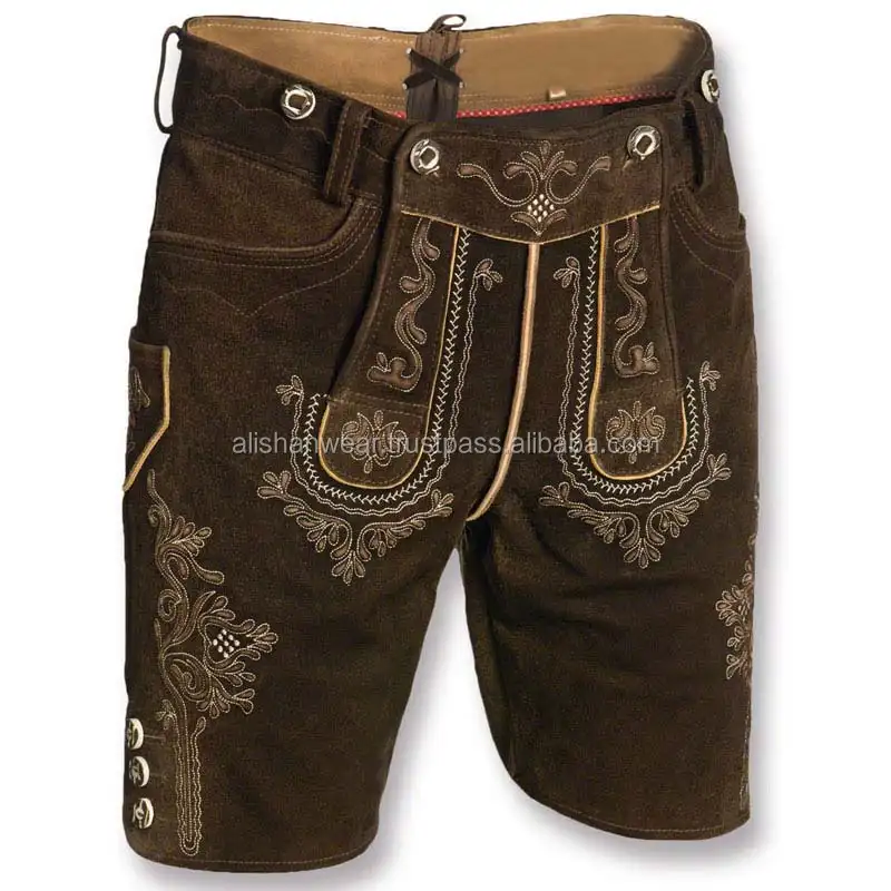 German and Austrian Lederhosen Long and Pant Short Distressed Leather Vintage Look Embroideried Bavarian Shorts