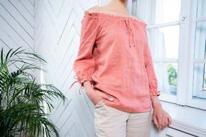 Blusa de Lino para Mujer, Estilo Casual, Holgada, Transpirable, de Verano, con Hombros Descubiertos, Manga Tres Cuartos, Color Sólido, con Lazo Cruzado, Estilo Rajasthan - Product Image 6