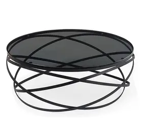 Tinted Glass Black Metal Contemporary Modern Coffee Table For Living Room Furniture With Circular Shape