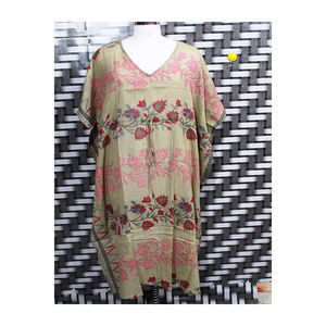 Beautifully Designed Nude Color Floral Printed Design Fashionable Stylish V-neck <b>Kaftan</b> Dress for <b>Women</b> and Girls - Product Image 1