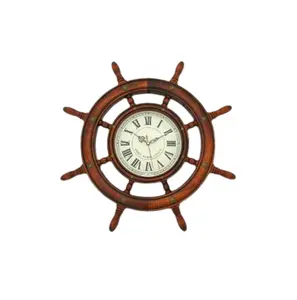 Horloge murale de roue en bois pour bateau, en laiton, de collection, décorative