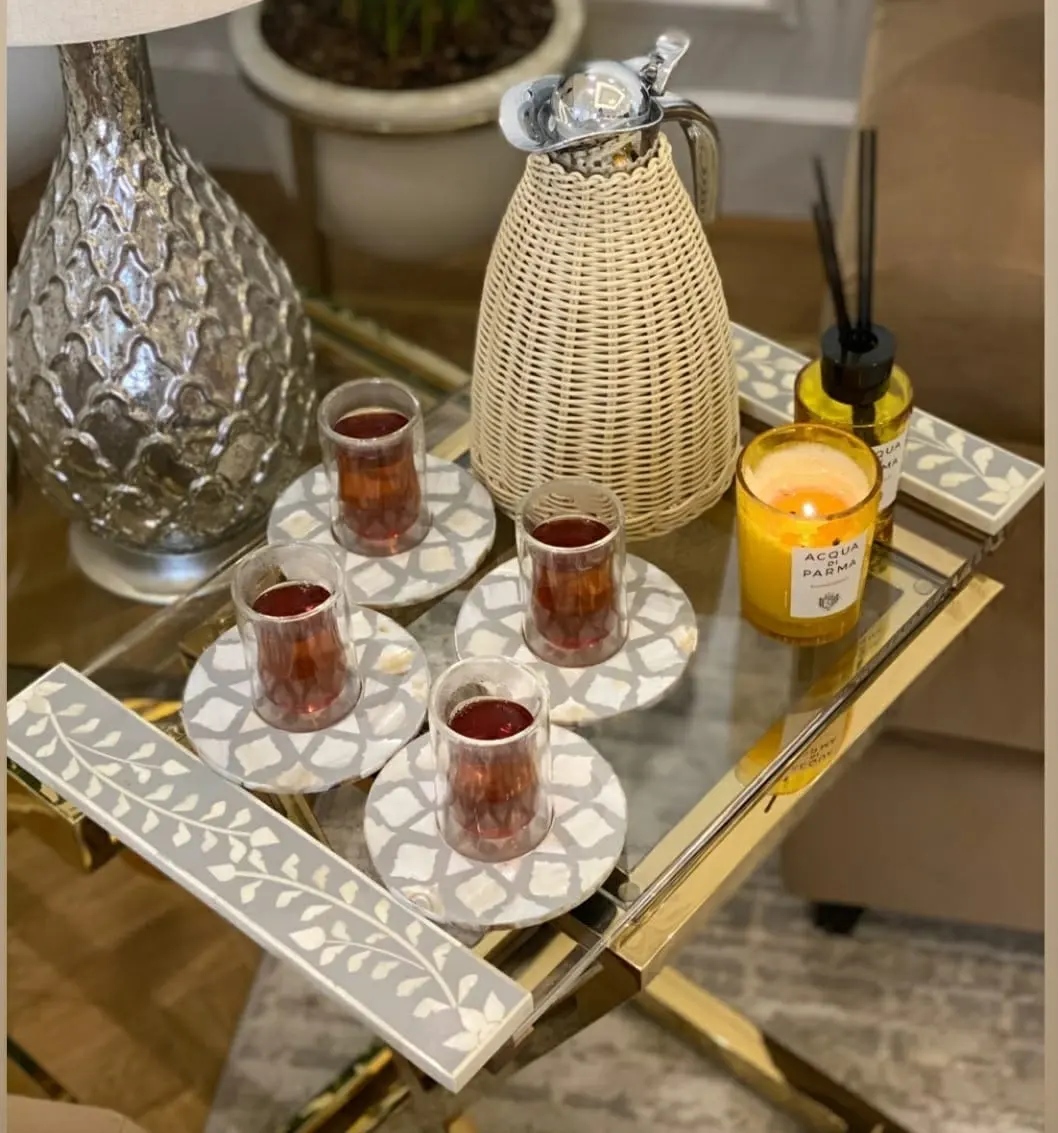 Mother Of Pearl Inlay Tray With Cup Coaster Plate From India