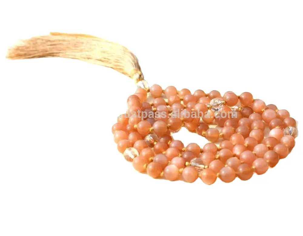 Peach Moonstone 108 Mala Beads 6mm Knotted Tassel Necklace Natural Feminine Energy Bohemia Fashion Jewelry Polished Rudra Gems