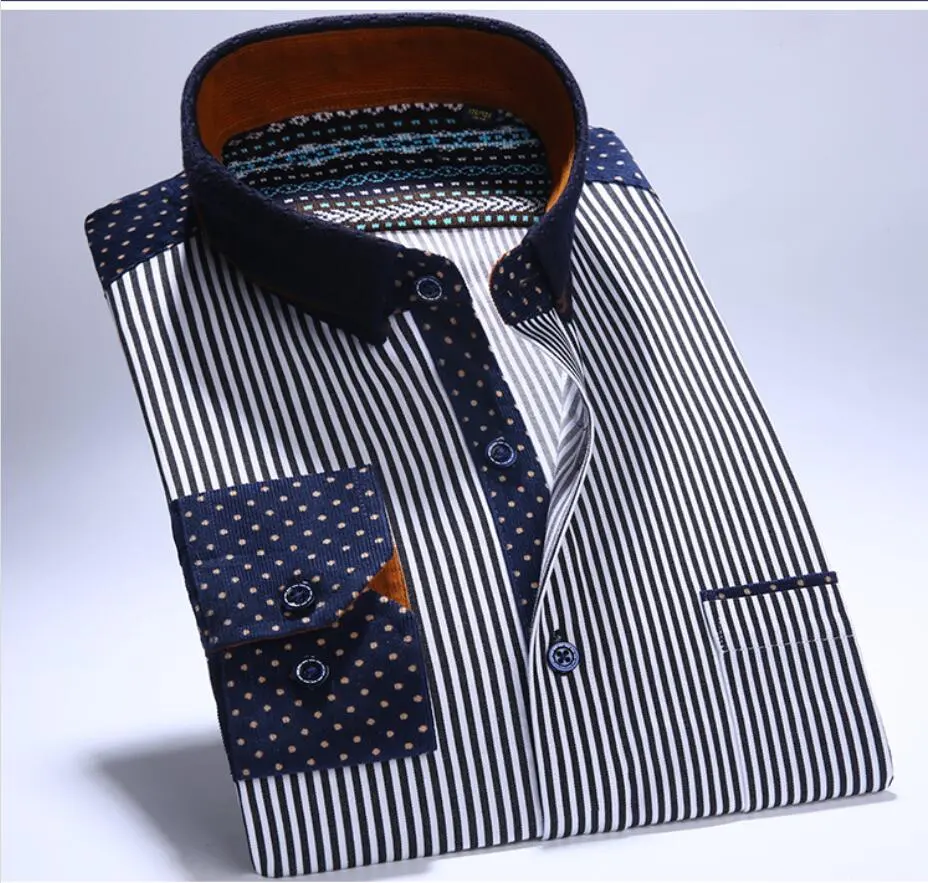 [Misani] Men's 100%cotton contrast collar cuff stripes long sleeved dress shirt