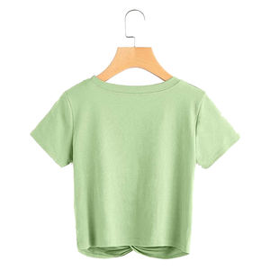 Haut court décontracté pour femme, uni, col rond, manches courtes, respirant, en Spandex/Polyester, séchage rapide, anti-boulochage, vêtement d'extérieur pour l'automne, vente en gros - Product Image 2