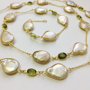 Everyday Wear 925 Sterling Silver <b>Gold</b> Plated Peridot and Baroque Pearl 90 Cms. Long Chain Necklace - Product Image 6