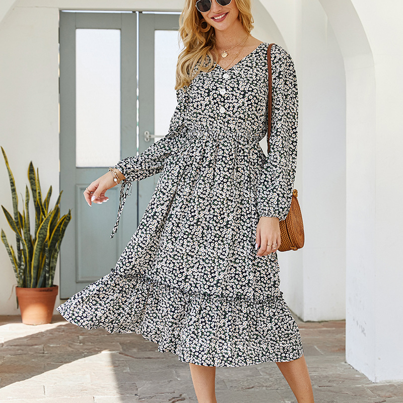Spring and summer 2020 European and American fashion ladies small fresh skirt small floral long-sleeve dress