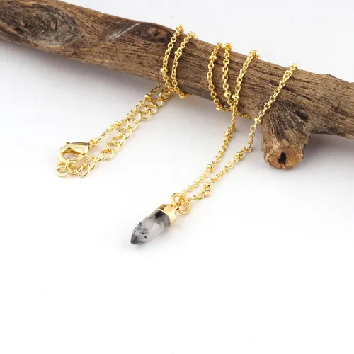 Hot sale natural stone dendritic opal faceted pencil pendant necklace electroplated cheapest price beaded chain pendant necklace