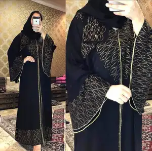 Fashion Dubai Style Black Open Jacket Kimono Abaya Latest Design Moroccan Kaftan With Stones Designs Big Sleeve