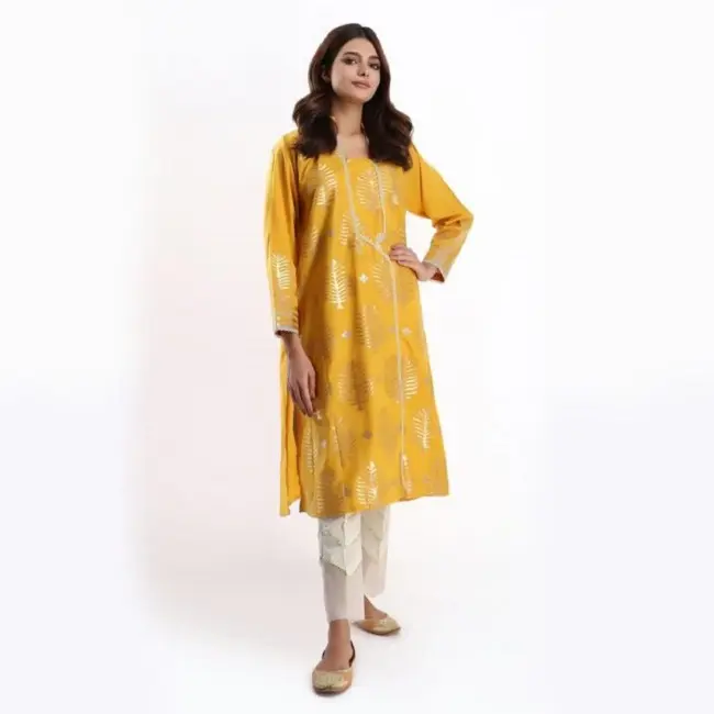 インドとパキスタンで販売されている衣類製造機khaadi jacquard kurta mustard white salwar
