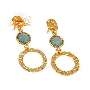Textured Gold Plated Silver Earring Women's Blue Chalcedony Gemstone Dangle Designer Earrings Supplier Jewelry - Product Image 2