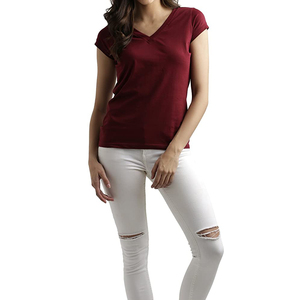Camiseta de algodón 160 para mujer, blusa lisa en blanco con cuello en V, 100% gramos, venta al por mayor - Product Image 5