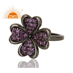 Anillo de compromiso de Plata de Ley 925, joyería de piedras preciosas de amatista Natural, estilo floral oxidado - Product Image 3