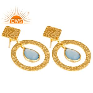 Blue Chalcedony Gemstone Earrings Indian Gold Plated Texture 925 Silver Designer Dangle Earrings Jewelry Wholesale - Product Image 2