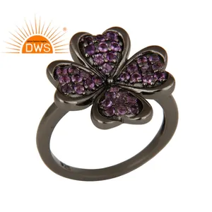 Flower Style Oxidized 925 Sterling Silver Engagement Ring Jewelry Manufacturer Natural Amethyst Gemstone Ring Jewelry
