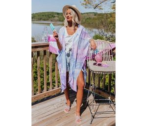Ouvert avant cravate teinture longue Kimono été bohème trois-quarts manches Bikini couvrir robe Midi longueur vêtements de plage - Product Image 1