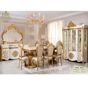 Ensemble de salle à manger en bois de teck massif de style européen, finition dorée traditionnelle, mobilier de salle à manger royal italien - Product Image 1