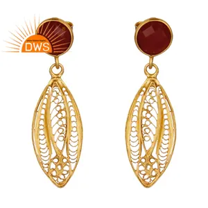 Indian Artisan Gold Plated 925 Silver Dangle Earrings Wholesale Natural Red Onyx Gemstone Earrings Jewelry